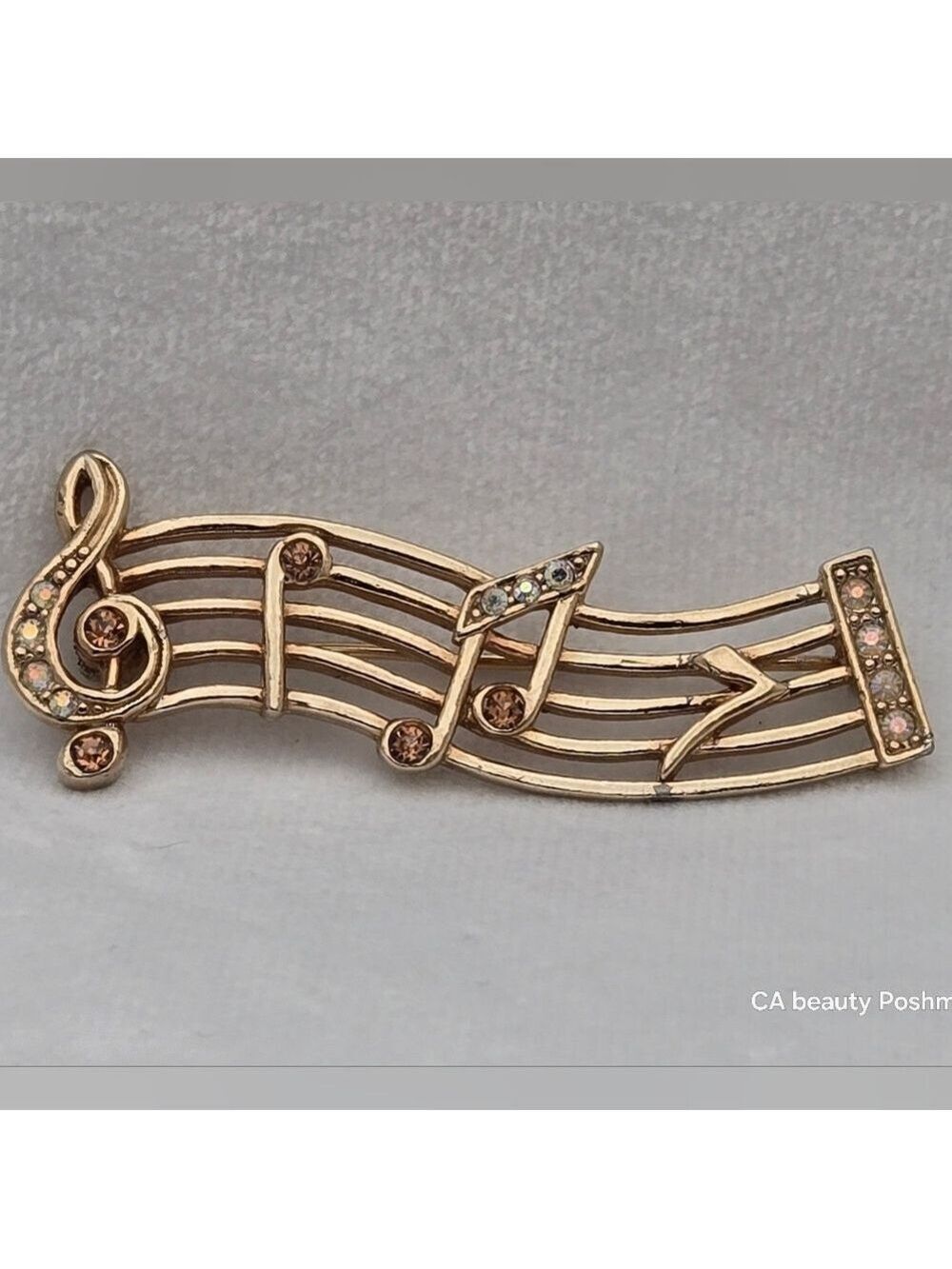 Music Notes Brooch Art Nouveau Style AB Vintage Gold & Silver Rhinestone